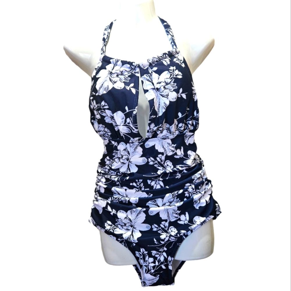  Floral Navy Blue Ruched Tummy Control One Piece Swimwear